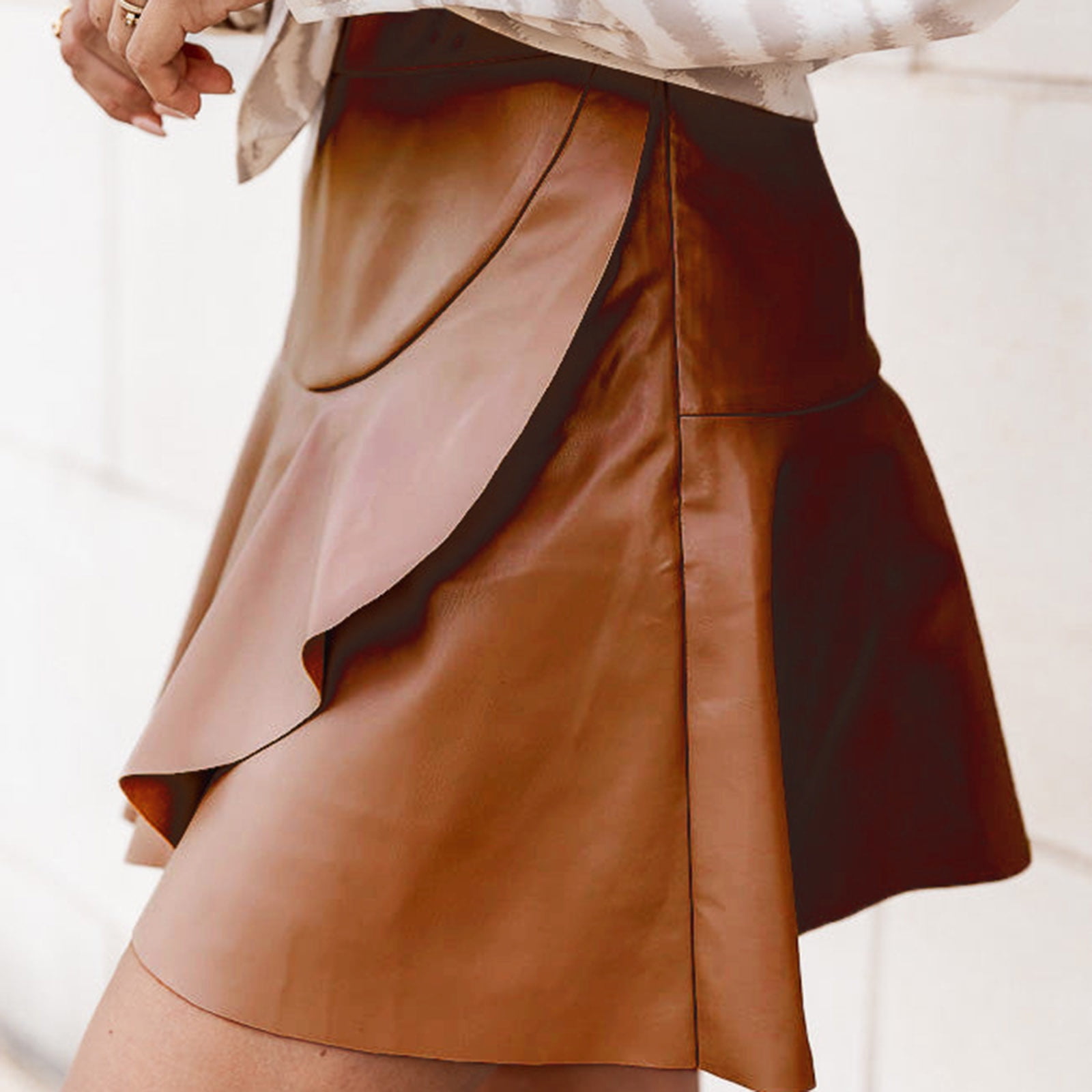 Ruffled leather midi skirt