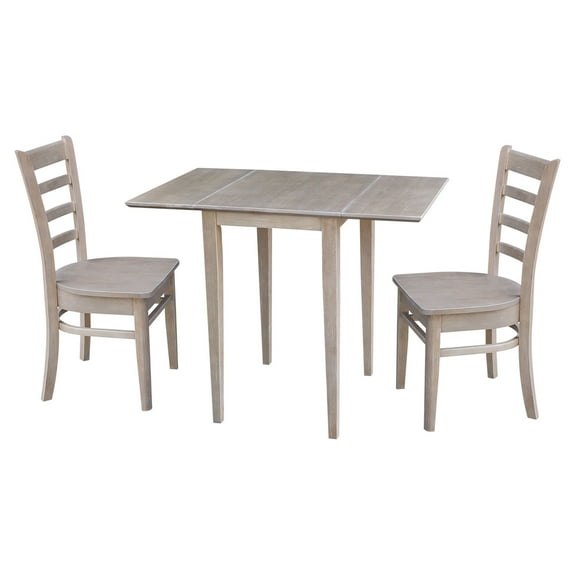 International Concepts 3-Piece Solid Wood Dual Drop Leaf Rectangle Table with Two Chairs, Washed Gray Taupe