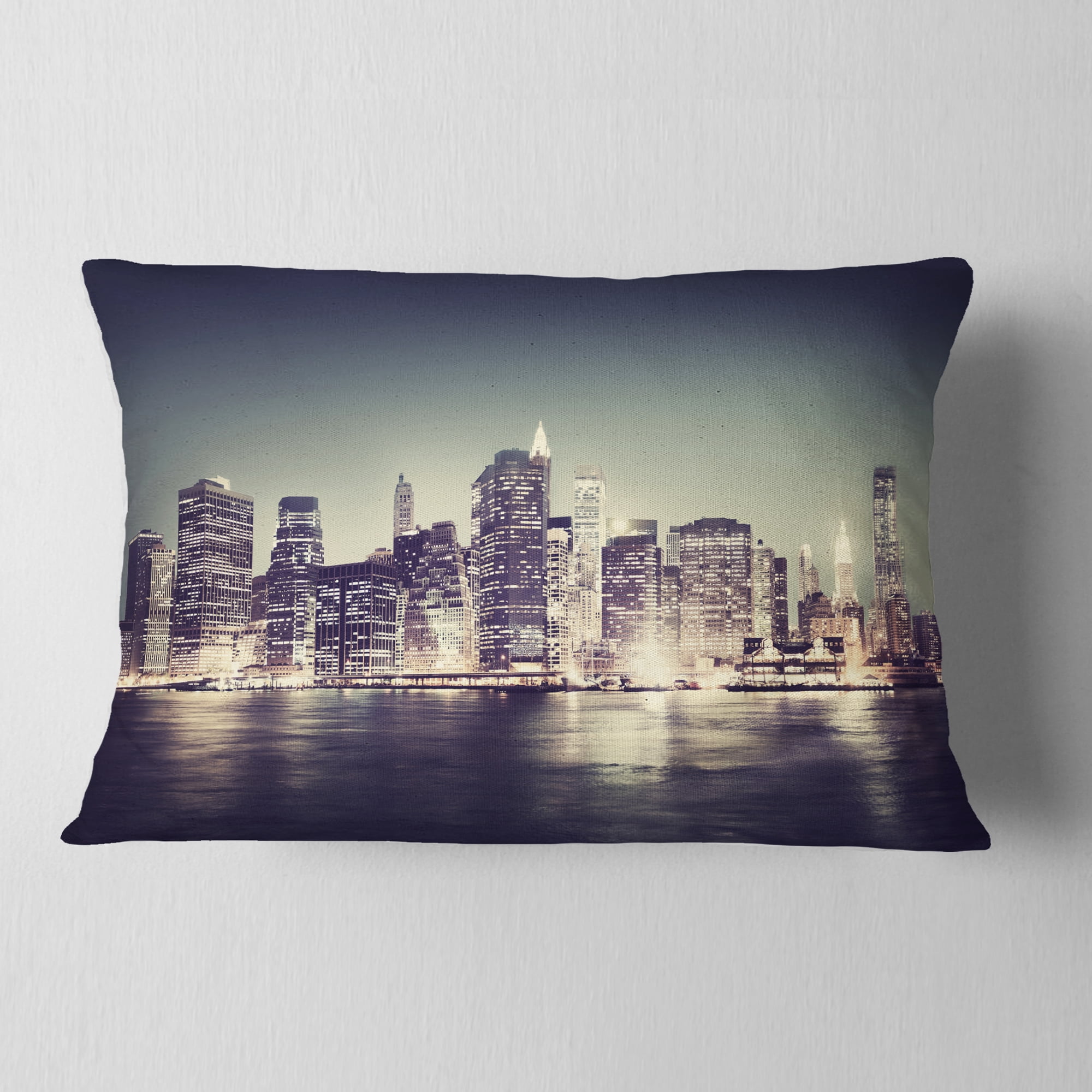 Designart Black and White NYC Night Panorama - Throw Pillow - 12x20