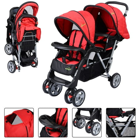Twin Stroller - Foldable Twin Baby Double Stroller Kids Jogger Travel Infant Pushchair Red