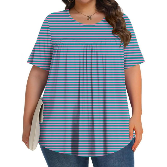 Jusqu'à 50 % de Rabais Horkkom Hauts à Manches Courtes pour Femmes Grande Taille Été Décontracté Tunique Plissée Hauts Imprimé à Rayures Blouses à Col Rond 4TG