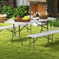 thumbnail image 2 of Gymax 3 PCS Folding Picnic Table Set w/ 6 ft Table & 2 Benches HDPE Tabletop Bench Top Coffee, 2 of 8