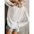 thumbnail image 3 of V Neck Crochet Lace Tops for Women Casual Loose Puff Sleeve Fall Shirts Flowy Chiffon Blouses-White-Small, 3 of 5