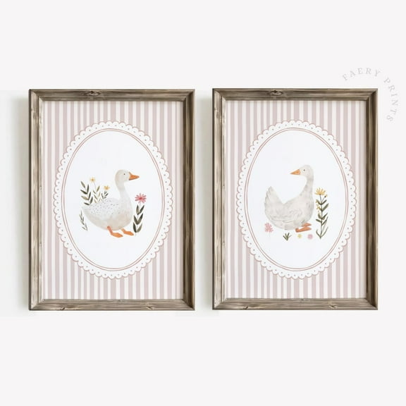 Luvia Pink Goose Nursery | 2 Set Vintage Nursery Prints | Duck | Soft Pastel Pink Set | Girls Room Decor |Set051, Modern Wall Decor Set 2 Prints 8x12 UNFRAMED