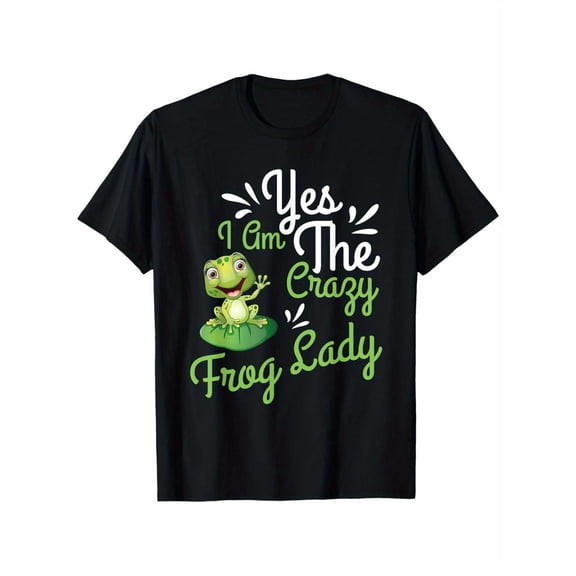 Yes I Am The Crazy Lady Graphic Tee for Women, Cute Green Frog Print Short Sleeve T-Shirt, Soft Vintage Style Casual Crew Neck Top for Daily Wear