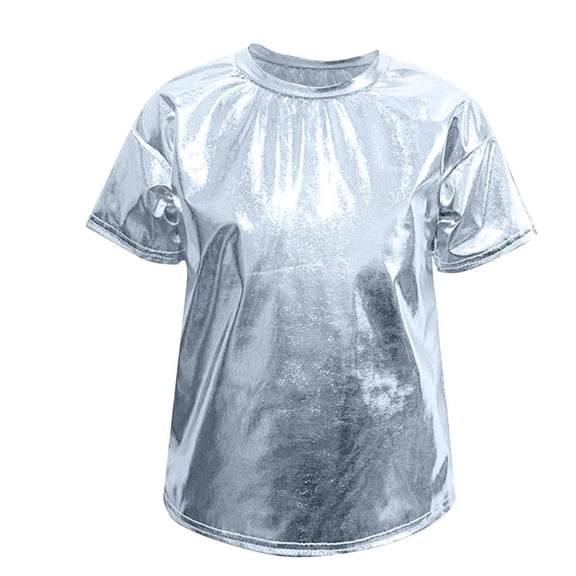 Chbgutlmr Boys Girls Glitter Tops Metallic Short Sleeve Crew Neck T-Shirts Casual Summer Performance Shiny Tee Tops