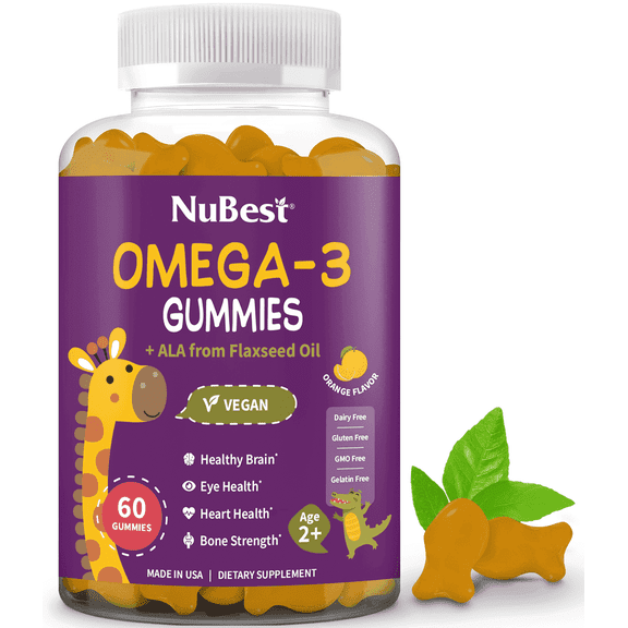 NuBest Vegan Omega-3 Gummies for Kids, Brain & Heart Support, 60 Count