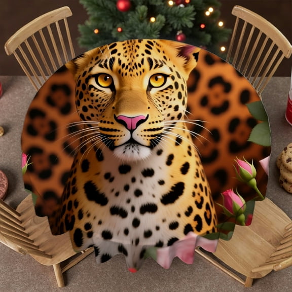 1pc Floral Wild Brown Leopard Print tablecloths for round tables, Kitchen Accessories Holiday-Themed Design, Floral Wild Brown Leopard