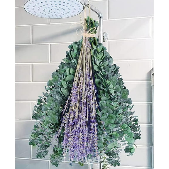 120 Pcs Eucalyptus Stems & Lavenders Flowers Bundles for Shower,17'' Upgrade Hanging Shower Plant,Natural Real Eucalyptus Leaves Lavenders Stems with Chrysanthemums,Fragrant Bathroom Decor
