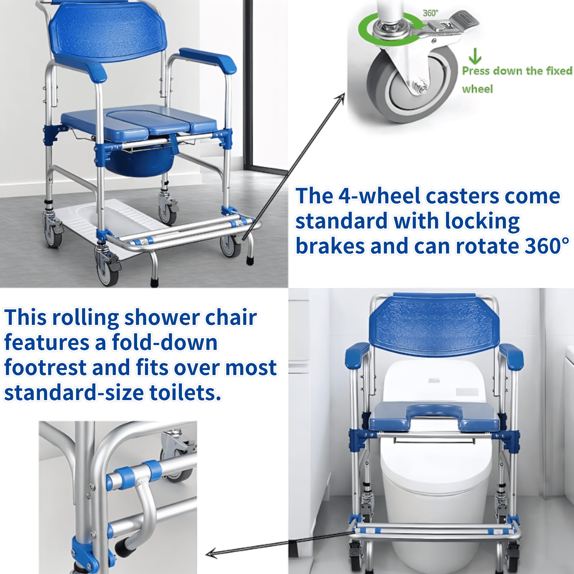 Qunbio Rolling Shower Chair, 330 lbs Load Bedside Commode w/Casters and Padded Seat, Rolling Transport Chair Lockable Wheelchair Bedside Toilet Seat