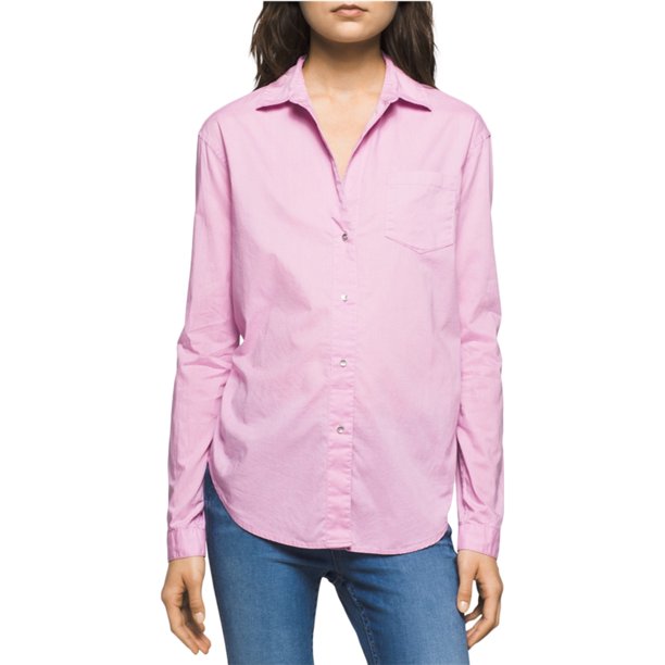 Calvin Klein Camisa con botones de algodón para mujer, Púrpura, Mediano Calvin Klein Camisa con botones
