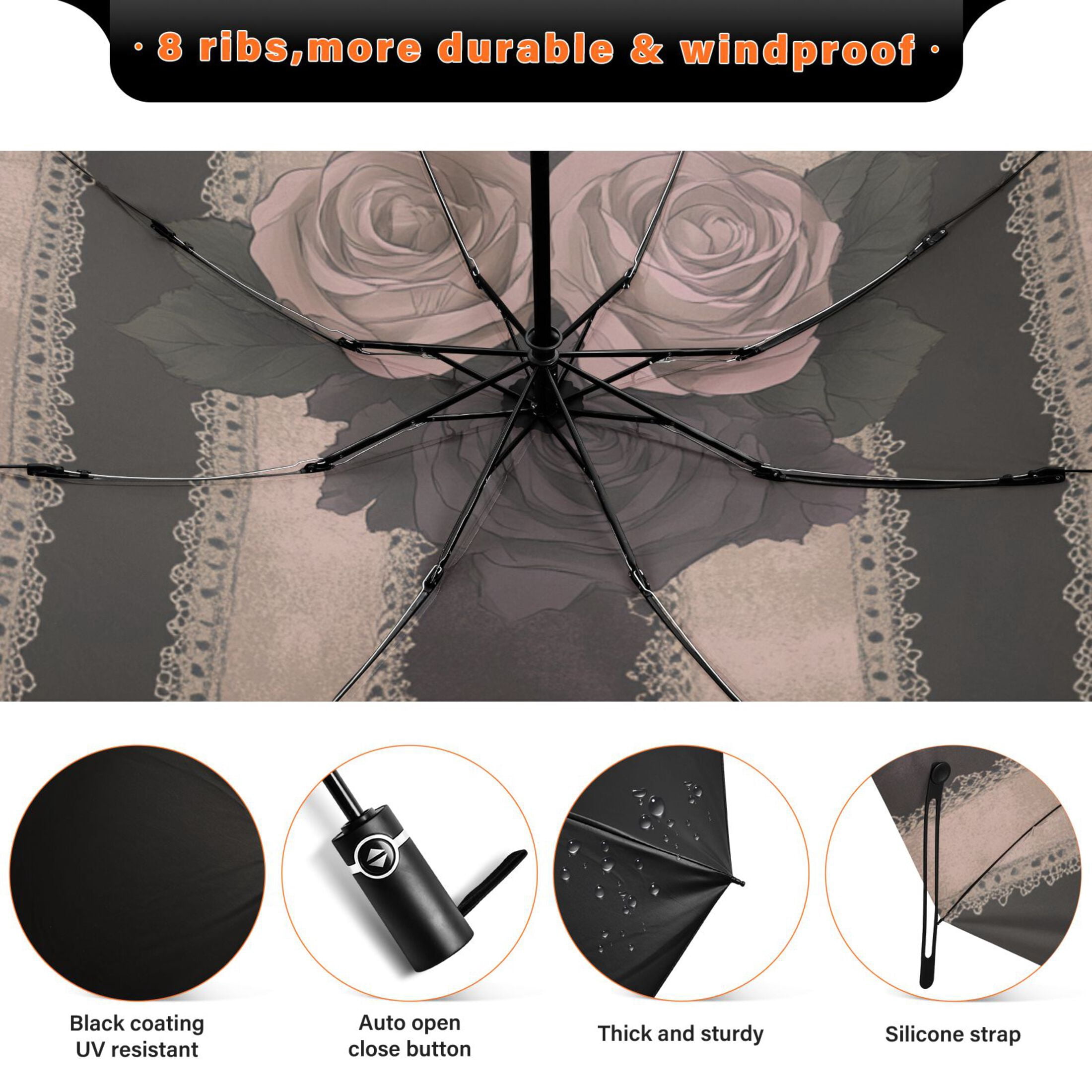 Rose Pattern Extra Large Automatic Umbrella, UV Protection, Waterproof, Auto Open and Close