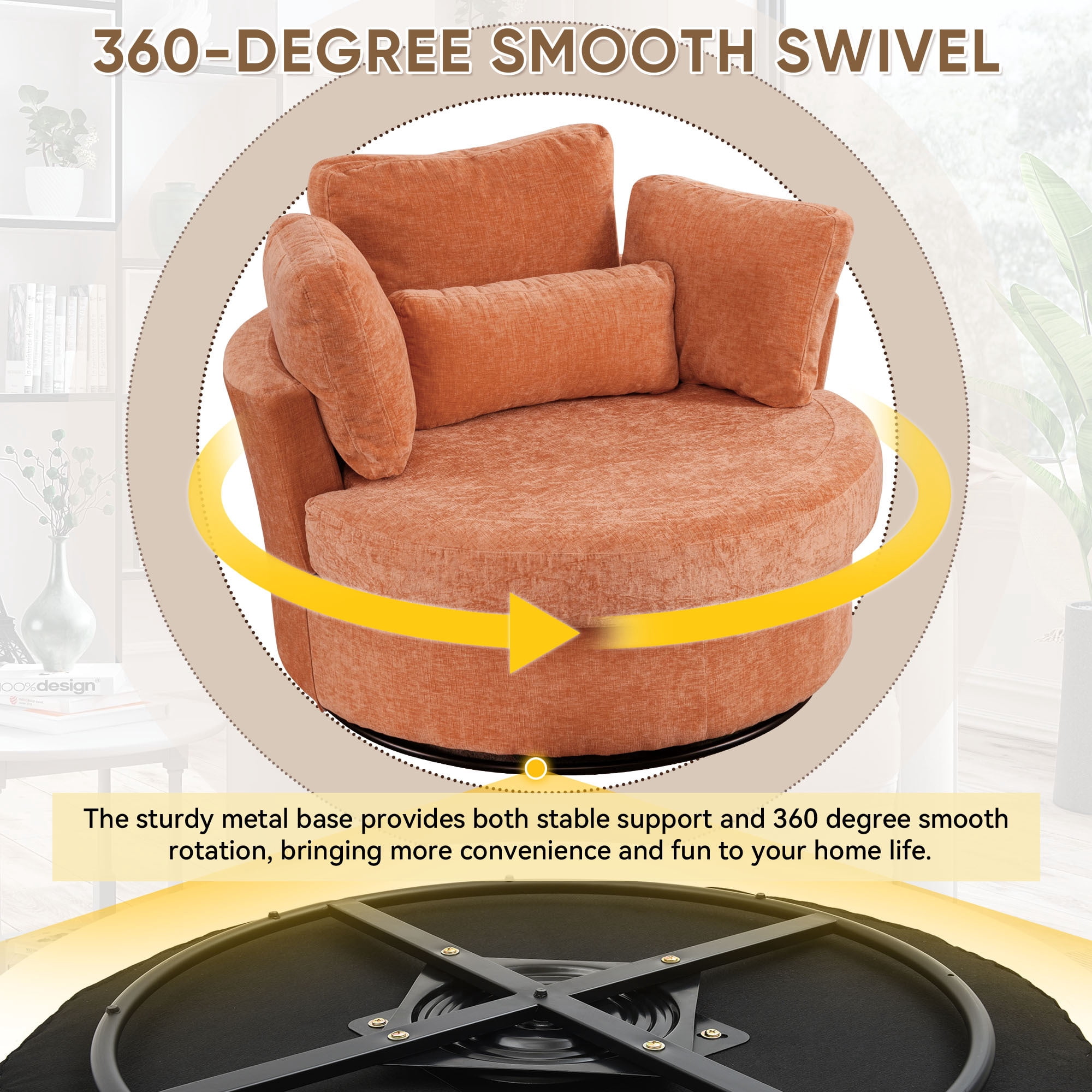Lunale Oversized Swivel Barrel Accent Chair, Teddy Adult Comfy Reading Armchair, Orange