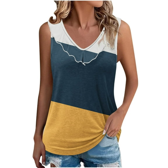 Lenpel Women's Tank Tops Summer Casual V Neck Ruffle Trim Color Block Sleeveless T Shirts Cami Tunic Tee Blouses