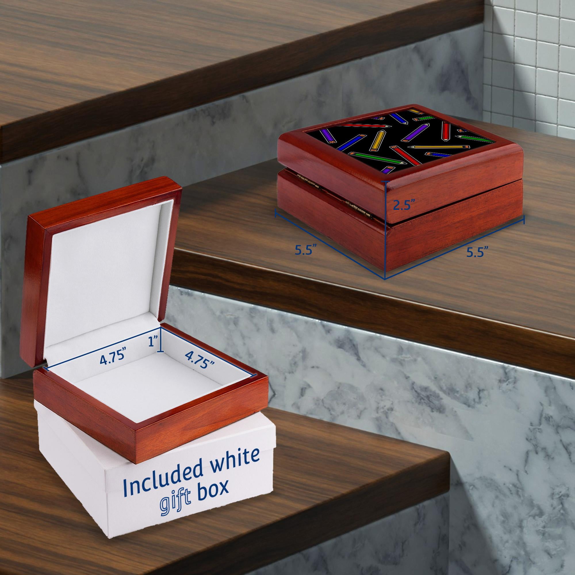 3dRose, Cute Cartoon Primary Colors Pencil Print - Black, Jewelry Box 5.5x5.5 inch with 4 inch tile