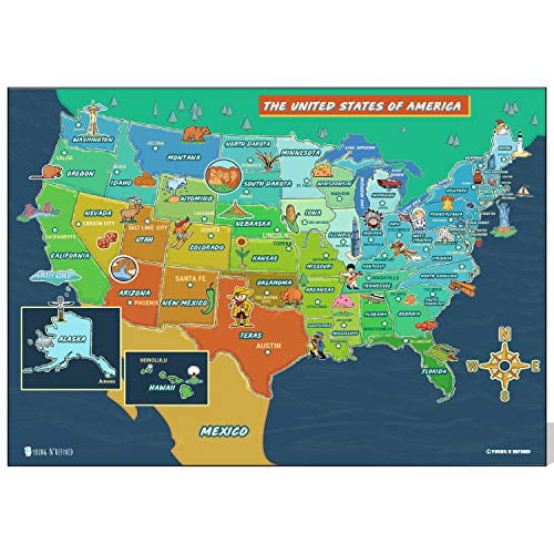 USA and World map Poster 2 Pack for Kids Laminated Extra Large Illustrated Young N Refined (24x36)