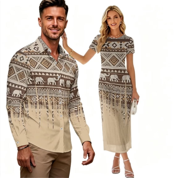 Psesaysky Boho Elephant Print Matching Hawaiian Outfit for Couples Elegant Womens Bodycon Dresses Party Guest Pencil Dress Mens Shirts Button Down T-shirts Couple Western Clothes for Wedding,S-3XL