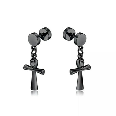 MATROOY Men's Women's Black Egyptian Ankh Cross Drop Dangle Stud Earrings Punk Jewelry
