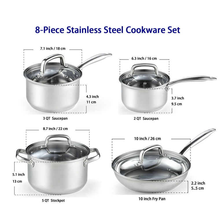 Cooks Standard Professional Stainless Steel 8 Piece Cookware Set, Silver