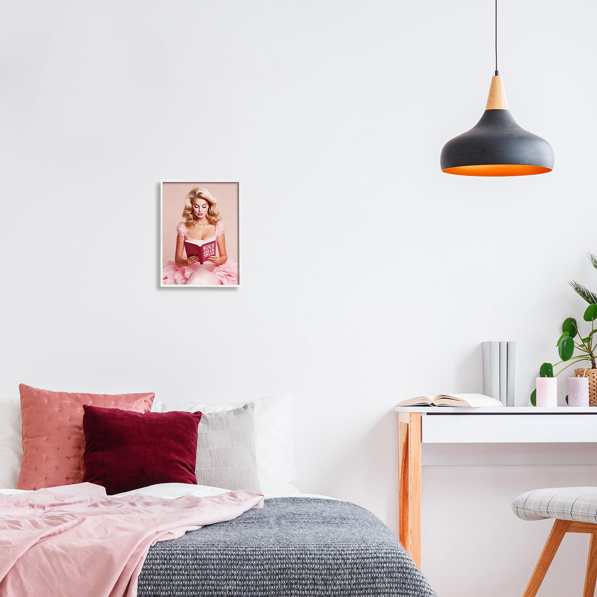Stupell Industries Girl in Pink Reading Literature & Flim Painting White Framed Art Print Wall Art, 11 x 14