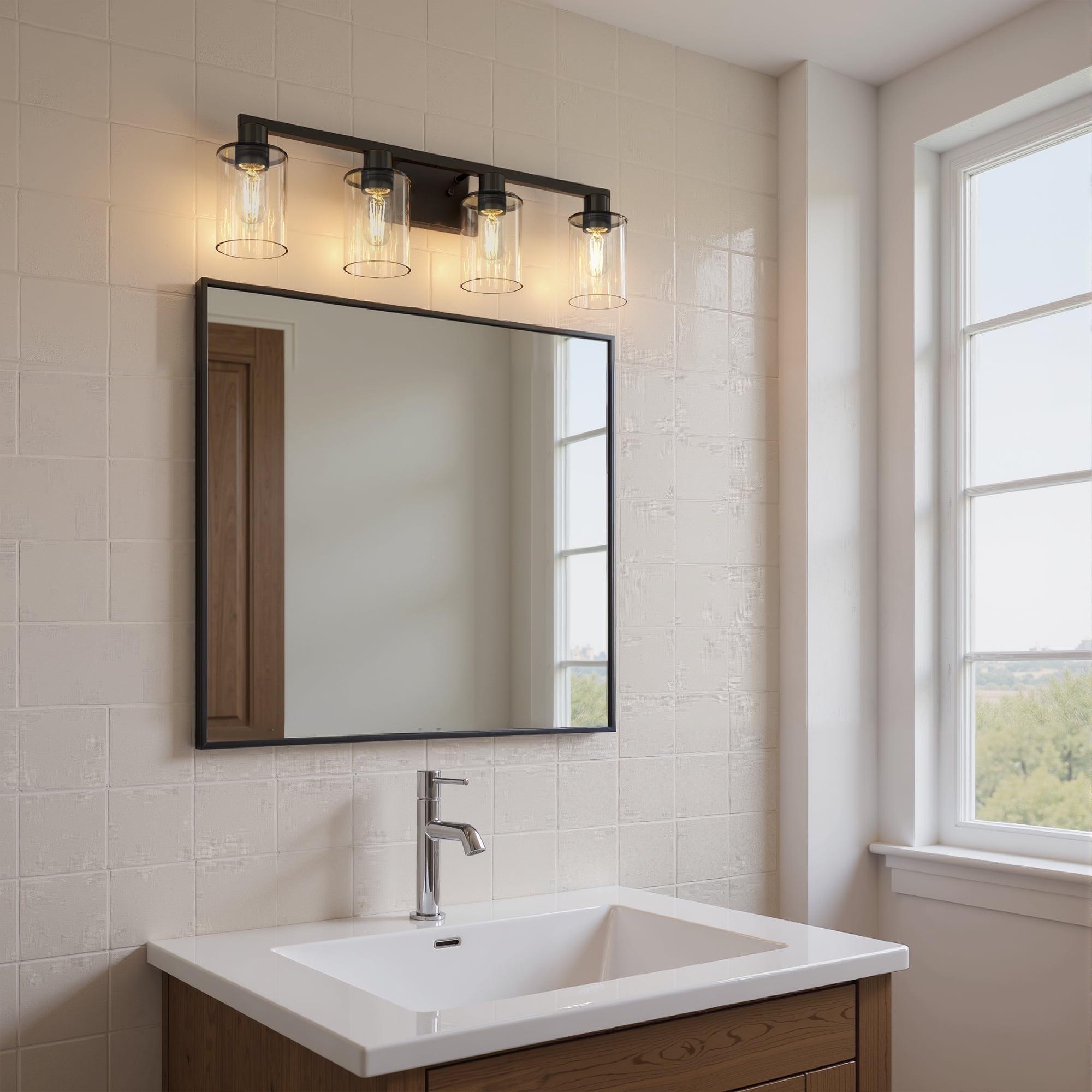 YANSUN 27.2 in 4-Light Black Bathroom Vanity Light Fixtures Over Mirror with Clear Glass Shades for Bathroom, Powder Room, Bedroom