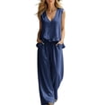 thumbnail image 5 of mihongmao 80s Outfit for Ladies Date Night Sets Women's Casual Summer Beach Loose Two Piece Outfit Sleeveless V Neck Ruffle Top Wide Leg Pants Set Navy M, 5 of 9
