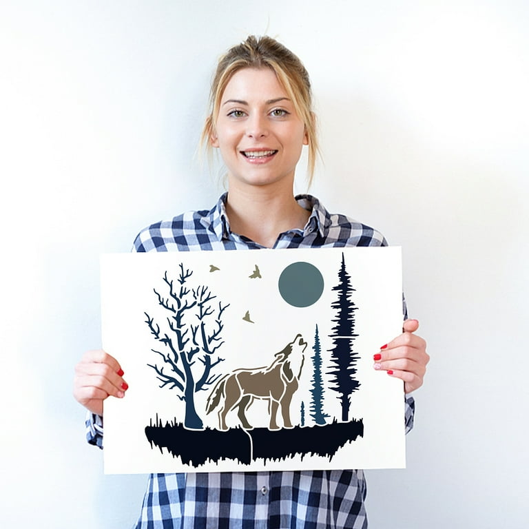 MAYJOYDIY Stencil Per Pittura Con Lupo E Luna, 30 X 20 Cm, Con Pennello E Lupo