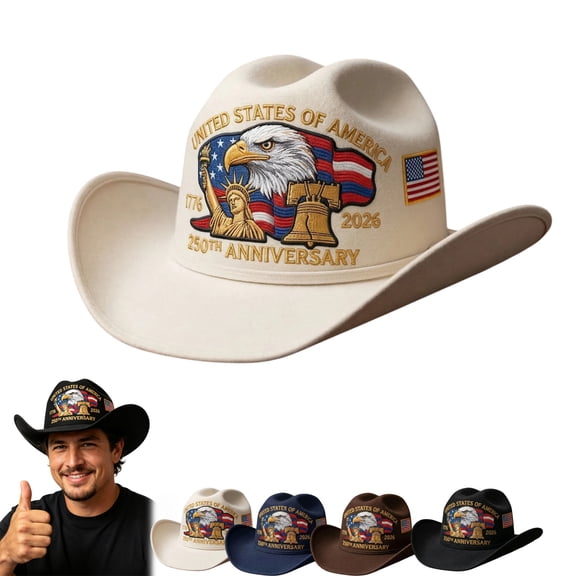 250th Anniversary Patriotic Cowboy Hat – USA Flag Eagle Embroidered Western Hat for Men & Women, Adjustable Classic American Cowboy Hat for Rodeo, Parade, and Everyday Wear