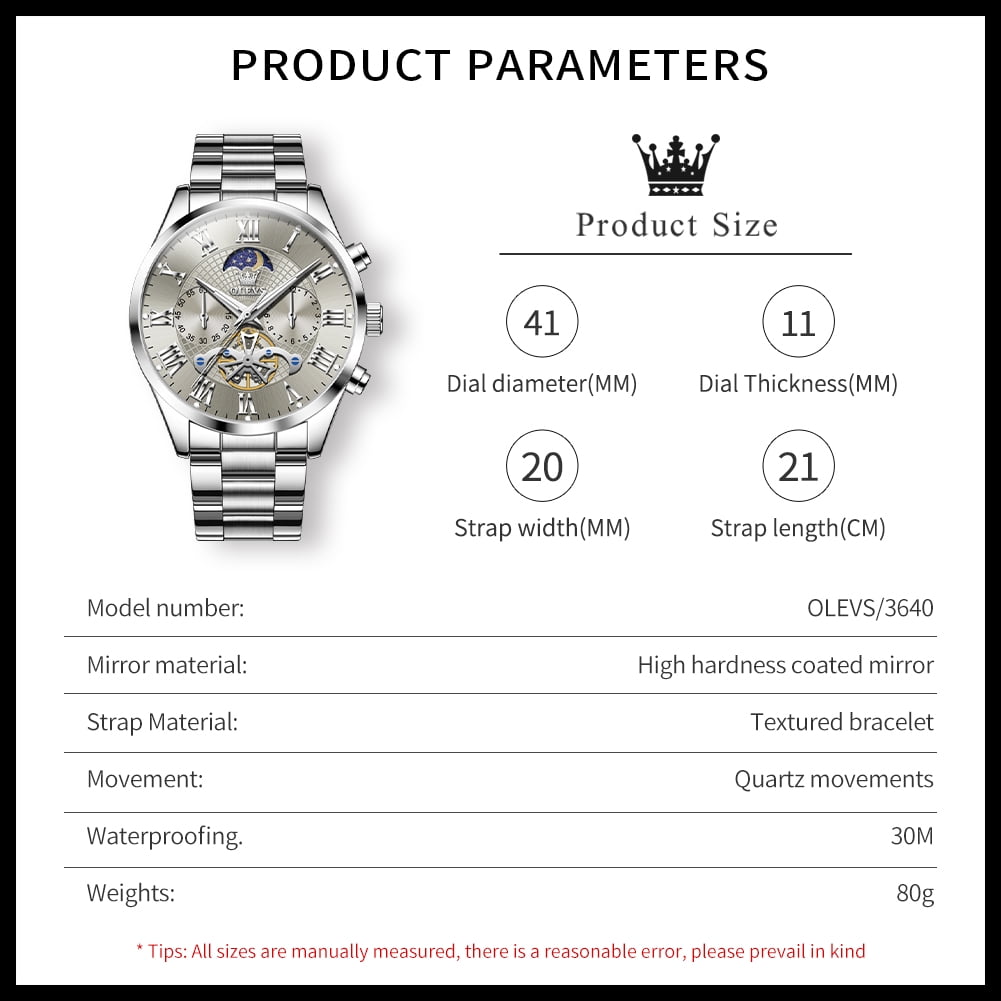 OLEVS Chronograph Watches for Men Waterproof Business Dress Analog Quartz Luxury Moon Phase Stainless Steel Roman Numeral Luminous Casual Mens Wrist Watches Reloj Para Hombre