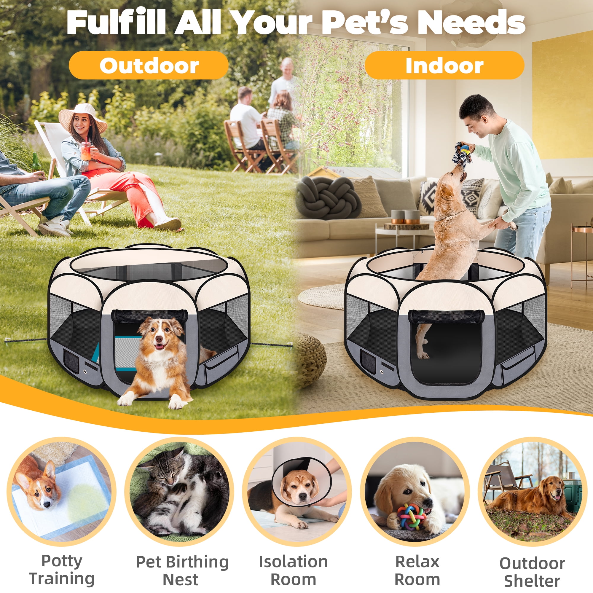 Large Pet Playpen for Dogs & Cats, 45"/ 114CM Diameter 23"/60CM Height Pet Playpens Foldable Portable Indoor Outdoor Exercise Pen with Carrying Case for Cat Puppy Rabbit, Gray