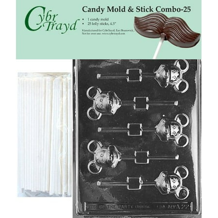 Cybrtrayd 45St25-A022 Mouse Lolly (Mickey) Chocolate Candy Mold with 25 Cybrtrayd 4.5 Lollipop Sticks