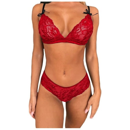 

Lingerie Lace V-Neck Bow Wireless Thong Underwear Sleepwear Push Up Bra and Panty Sets for Women Comfy Red L