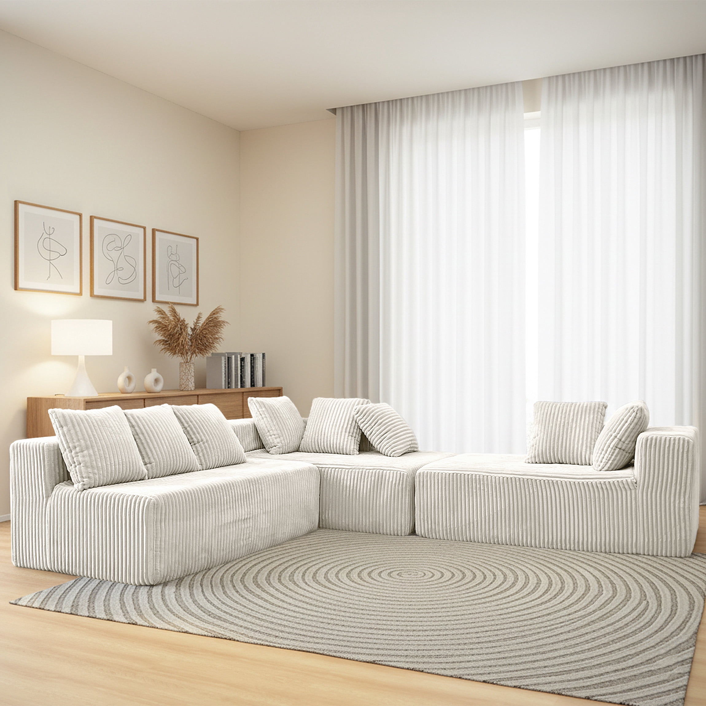 SEENYOO 130" Boneless Couch, Modern Couches for Living Room, U-Shaped 4-Seat Modular Sofa with Chaise, Oversized, No Assembly, White