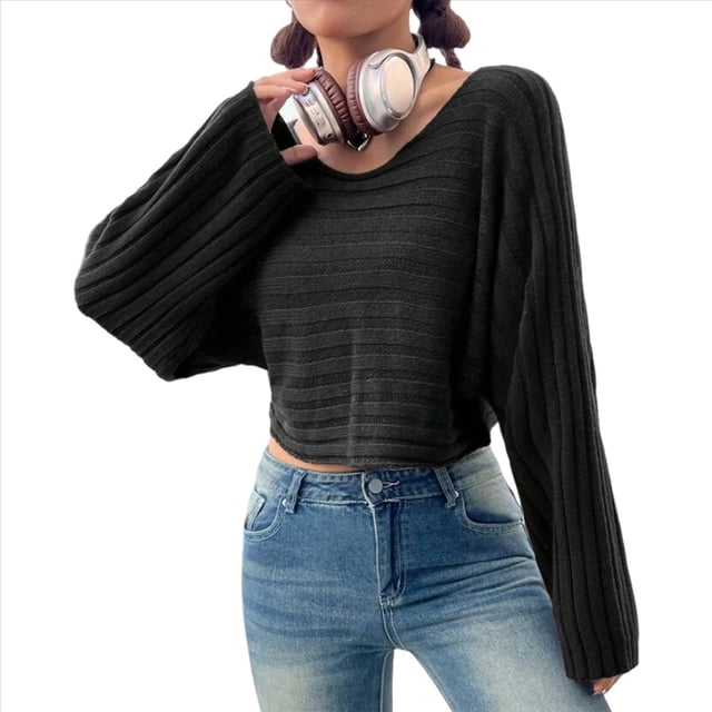 Suéter de Larga con Cuello Redondo para Mujer, Ajustado, de Punto Acanalado, Liso, Moderno, Tipo Pulóver. Negro L