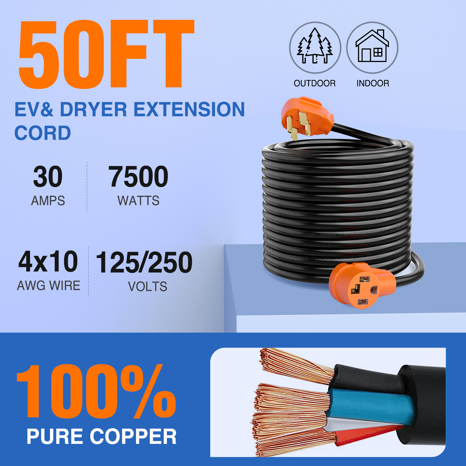 Nilight 50FT EV Dryer Extension Cord 4 Prong 30 Amp NEMA 14-30P 14-30R Old Dryer Extension Cable Heavy Duty 10 Gauge Pure Copper Wire UL Listed 125/250V for Level 2 EV Charging