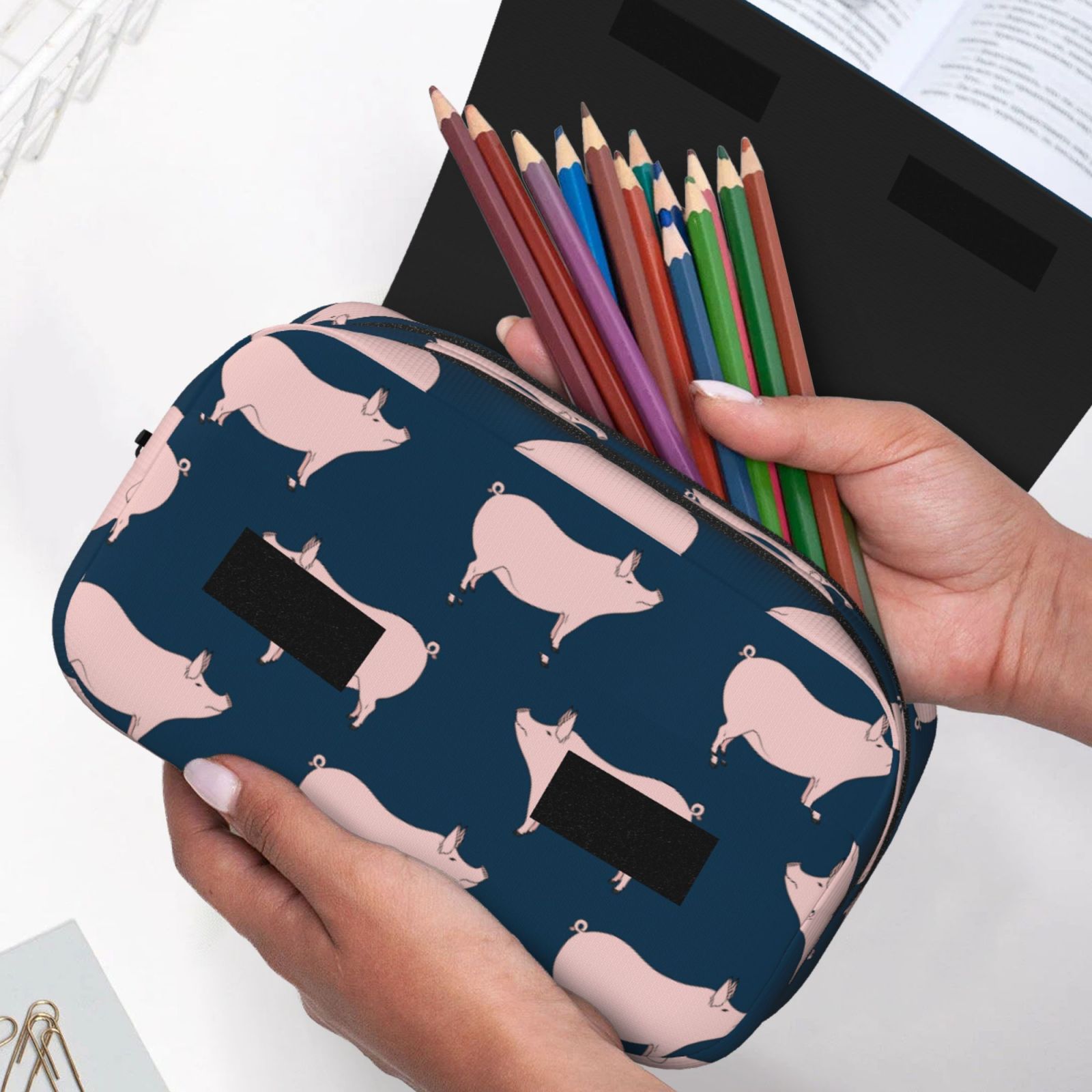Rateoe Pig 1 Pattern Double Clamshell Pen Case, Storage Organizer with Two Zipper Compartments– Holds Up to 50 Pencils & Pens