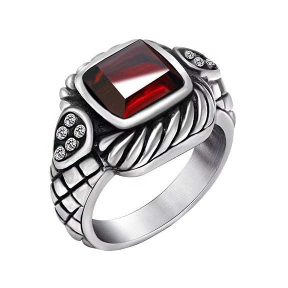PAMTIER Men's Stainless Steel Vintage Domineering Cool Square Gemstone Crystal Micro-Pave Iced Out CZ Snake Pattern Carved Biker Ring Red Size 8