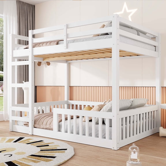 FFZ Full over Full Wood Bunk Bed with Ladder and Guardrails, 77.5 x 56.5 x 60.2 inch, White