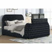 Modern Velvet Tufted California King Platform Bed with TV Lift and Electric Fireplace Footboard, Black
