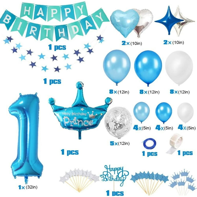 1st Birthday Boy Decorations - Baby Boy 1st birthday Party Supplies Blue  White Balloon Decorations with 1st Birthday Baby Crown Balloon, 1st BDay