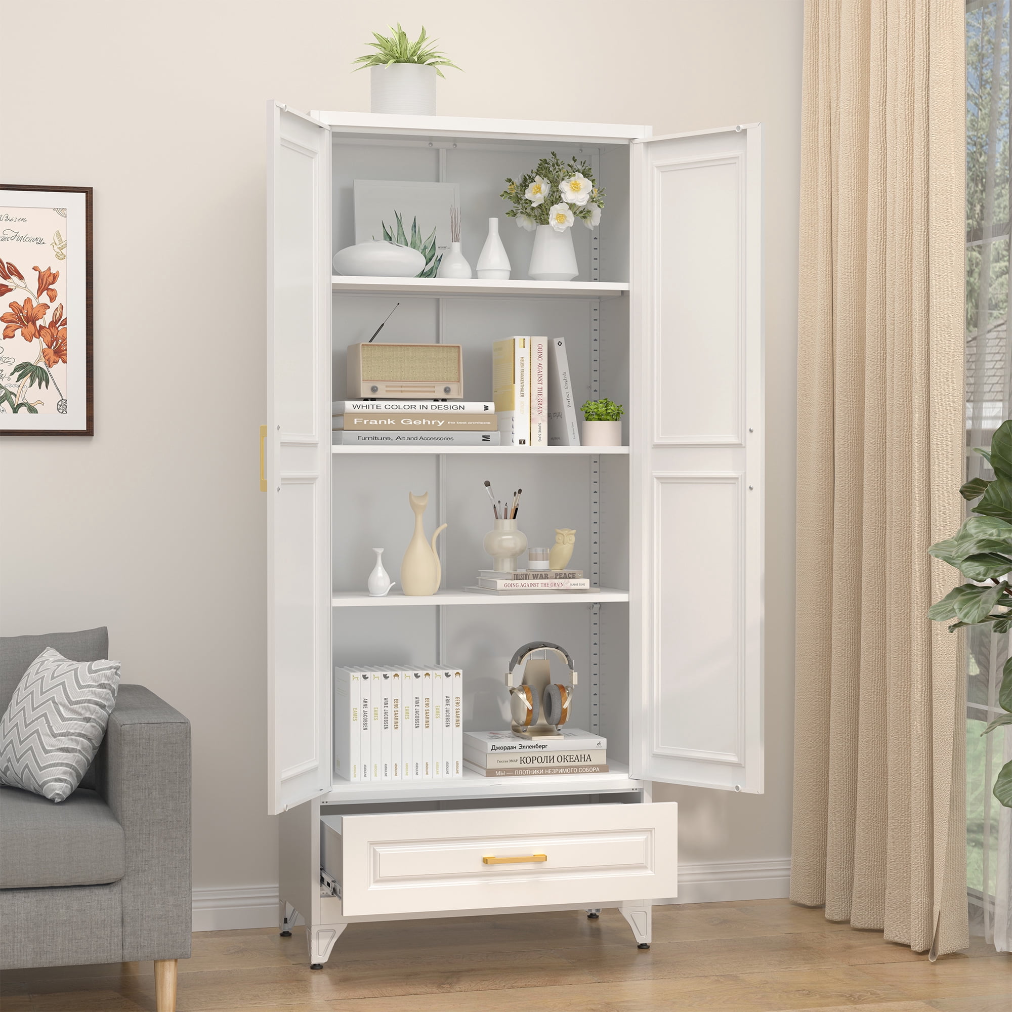 Polup 75"H Kitchen Pantry Cabinet, Metal Pantry Cabinet with Drawer, Storage Cabinets with Shelves, Food Cupboards