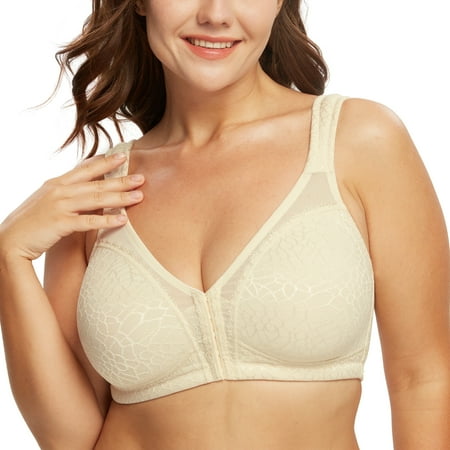 Exerin Women s Front Closure Full Coverage Wirefree Posture Back Plus Size Bra(Light Beige 36B)