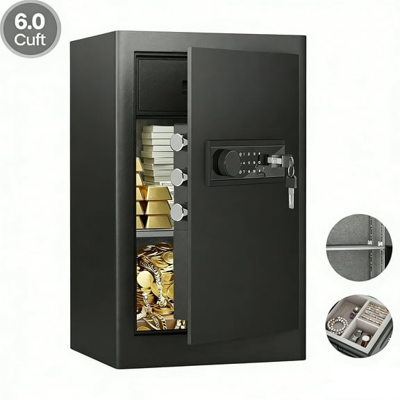 6.0 Cu Ft Dual-Compartment Home Safe with Built-in Jewelry Drawer, Adjustable Shelf, Digital Keypad & Key Lock – Anti-Theft Storage for Cash, Gold, Jewelry, Documents (Black, Office & Home Use)
