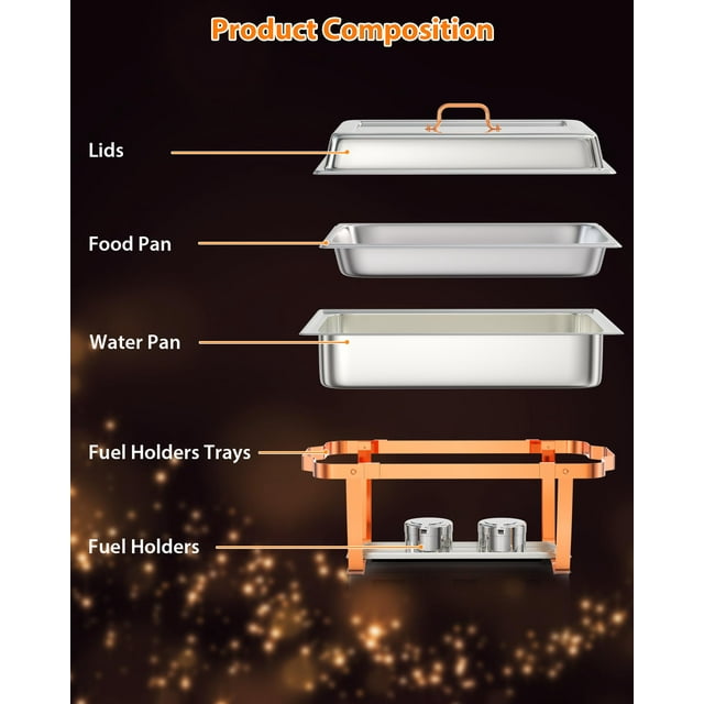 BeesClover 2 Packs Chafing Dish Buffet Set, Stainless Steel Chafers and Warmers Food Servers Sets with Folding Frame for Catering Events Parties Weddings Dinners, Rose Gold