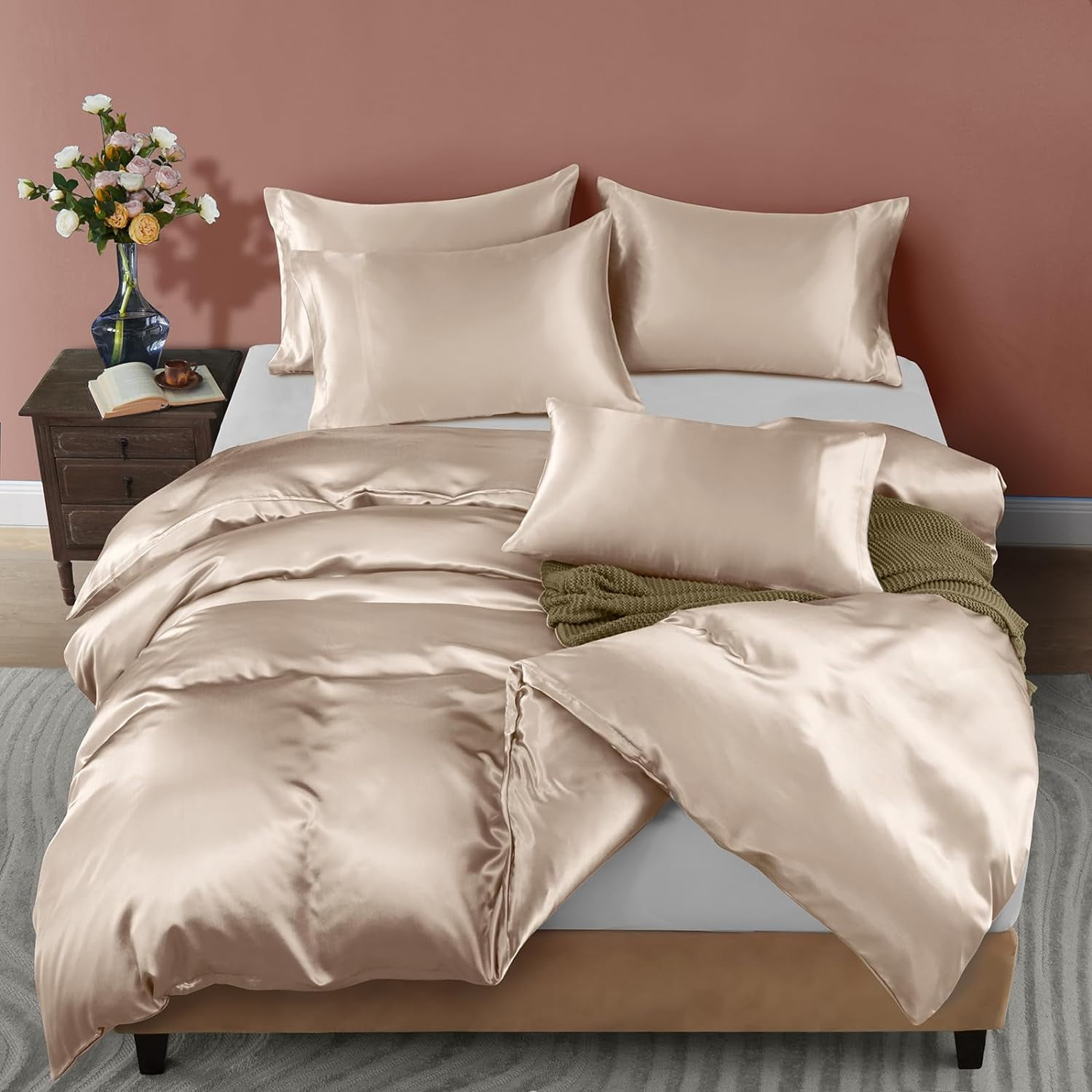 Vogue Linen Pure Mulberry Silk Duvet Cover - 30 Momme 6A Graded Silk - 1 Piece Duvet Cover Full/Queen 90" x 90", Beige