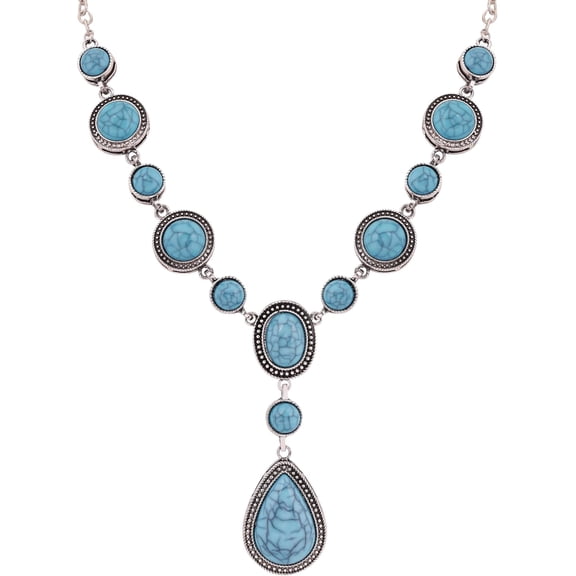 Bohemian Created Turquoise Beaded Y-Necklace, Turquoise-toned Multi-shaped Pendant, Dainty Elegant Jewelry for Women