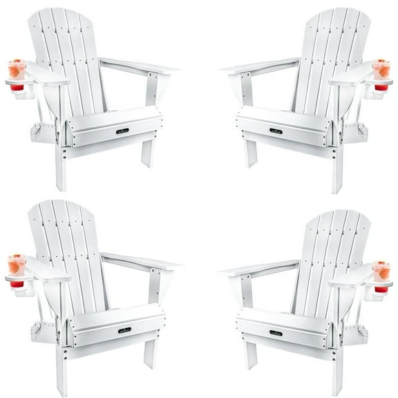 Withniture HDPE Folding Adirondack Chair Set of 4,All Weather Resistant Adirondack Chair with Cup Holder, Patio Chair Wood Texture Fire Pit Chairs for Outdoor Patio Lawn Garden, White