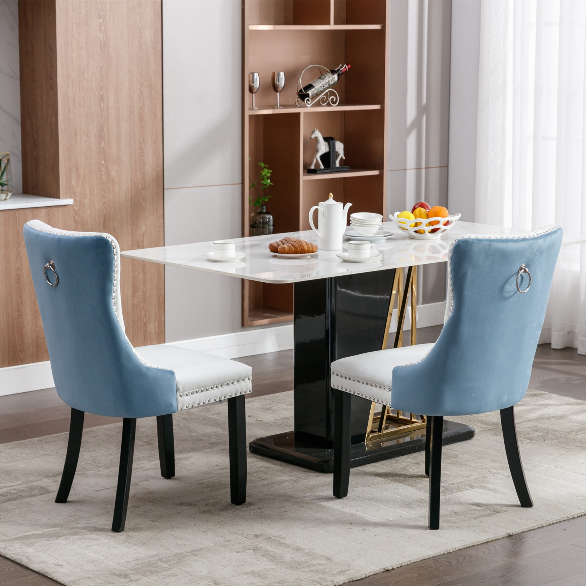BSHTI 37.5-inch Modern Parson PU Leather and Velvet Upholstered Dining Chairs Set of 2 With Tufted Back, Nailhead Trim, Solid Rubberwood Legs for Dining Room (White+Light Blue)