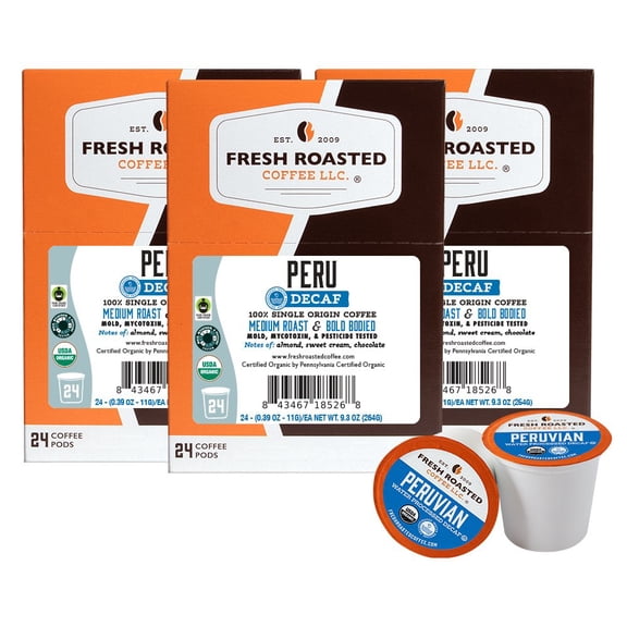 Fresh Roasted Coffee, Organic Peru Water-Processed Decaf, Medium Roast, K-cup Compatible, 72 Count