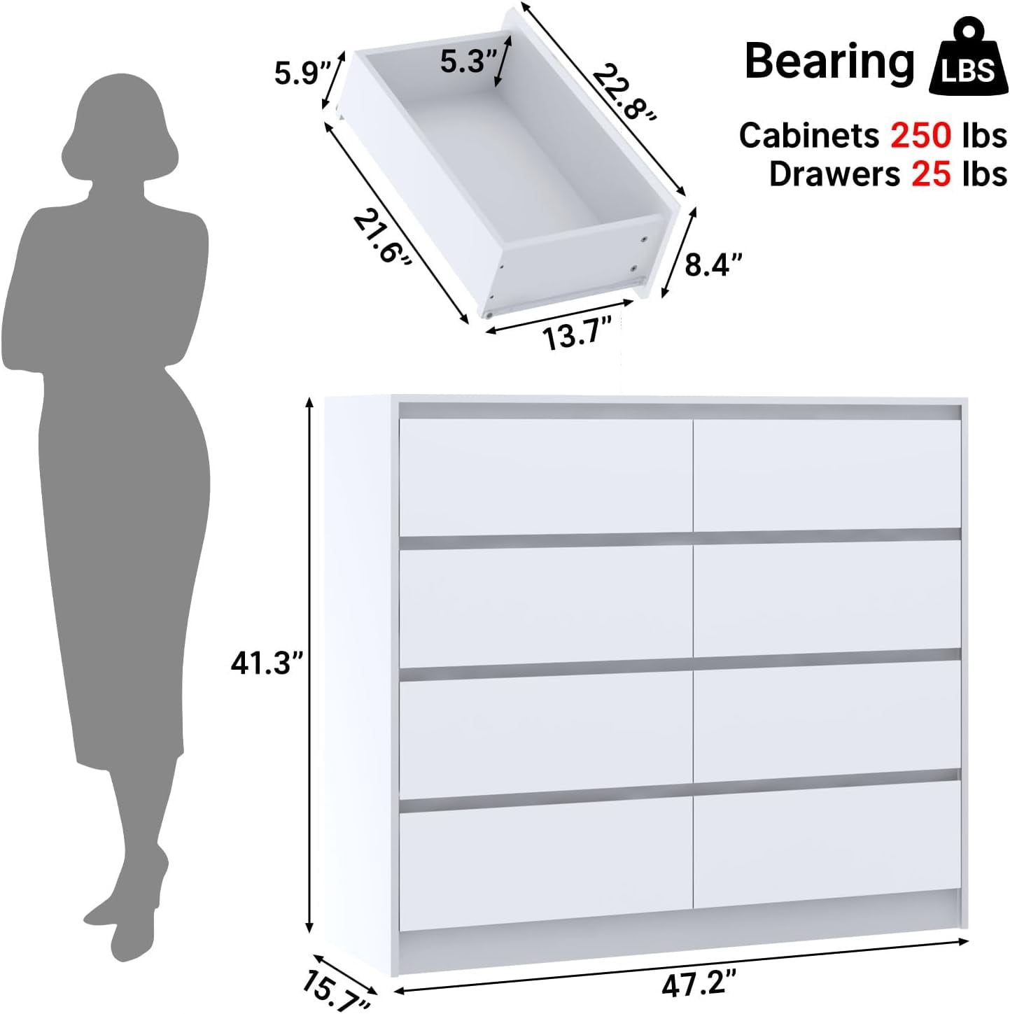 ChVans 8 Drawer Double Dresser for Bedroom, 47" Wide 41" Tall Modern High Gloss White Dresser with Wood Chest of 8 Drawer Handle Free for Bedroom, Living Room, Entryway, Hallway
